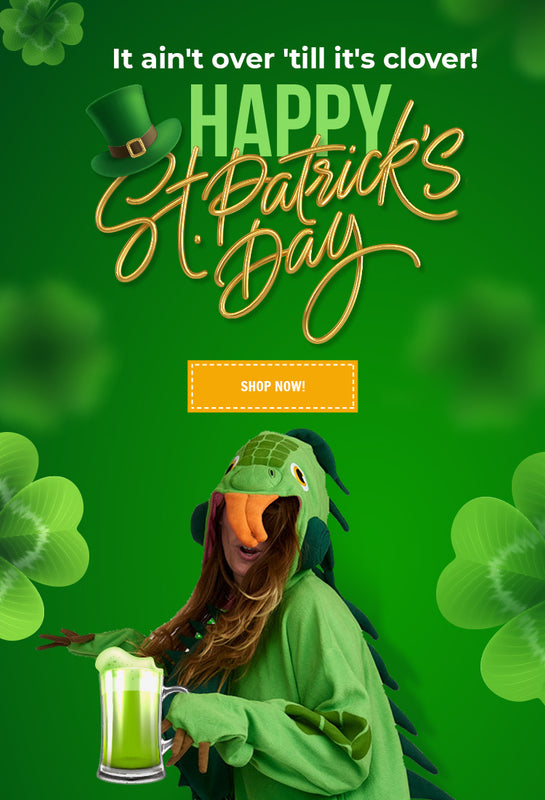 It ain't over 'till it's clover! Happy St. Particks Day! Green Iguana Animal Kigurumi holding a beer!